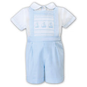 Sarah Louise Boys Pale Blue Smocked Sailboat Dungaree Set